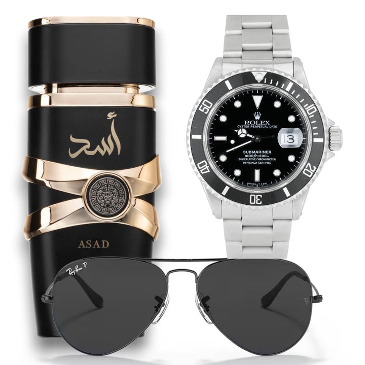 KIT PERFUME ARABE ASAD LATAFFA 100 ML + GAFAS RAYBAN + ROLEX SUBMARINE PLATA + NEGRO