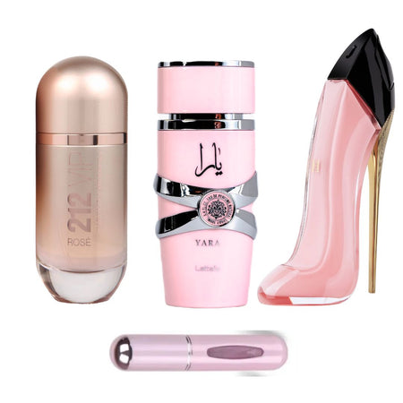 KIT PERFUMES (212 ROSE + YARA LATAFFA + GOOD GIRL BLUSH + REGALO : 1 PERFUMERO)