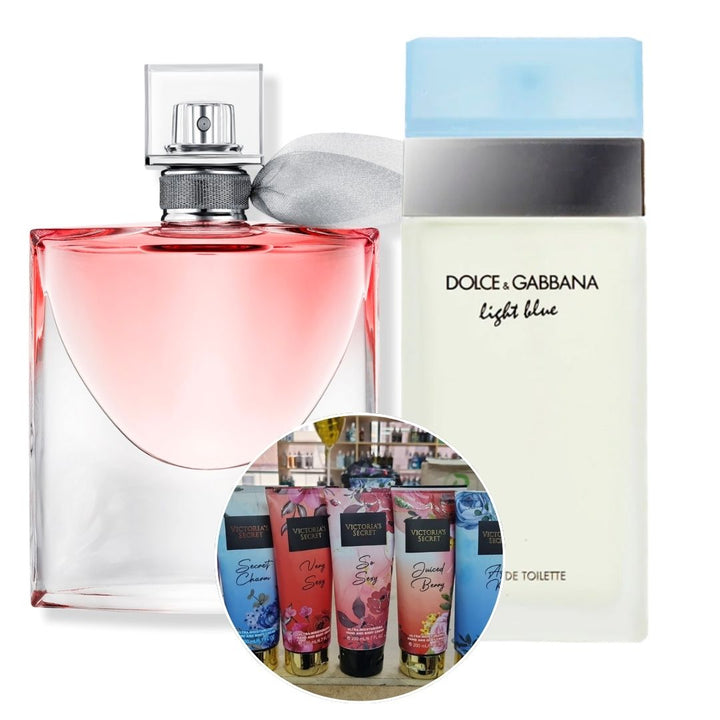 KIT PERFUMES 1.1 (X2 LIGHT BLUE WOMAN 100ML + LA VIDA ES BELLA 75ML) + CREMA CORPORAL VICTORIA SECRET