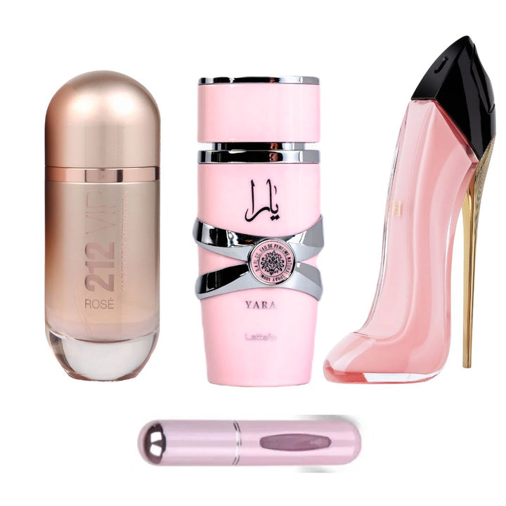 KIT PERFUMES (212 ROSE + YARA LATAFFA + GOOD GIRL BLUSH + REGALO : 1 PERFUMERO)